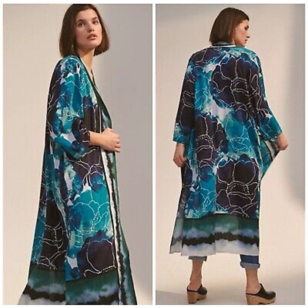 Anthropologie OS Rubina Duster Kimono Blue Floral Open Front Bl-nk Cover Up
